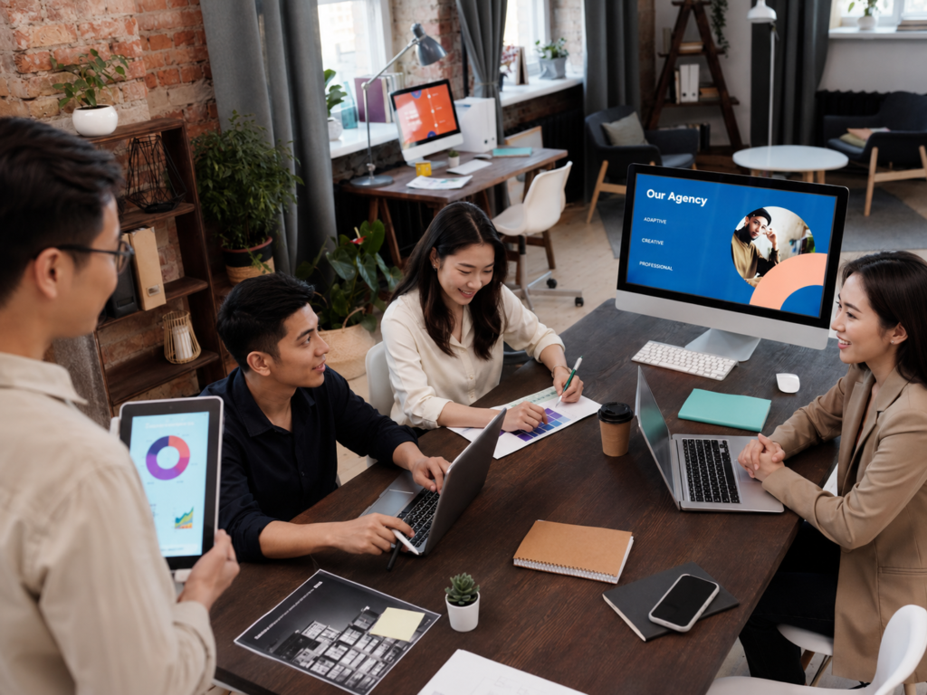 Creative team collaborating during a content strategy meeting at a content creation agency in Singapore.