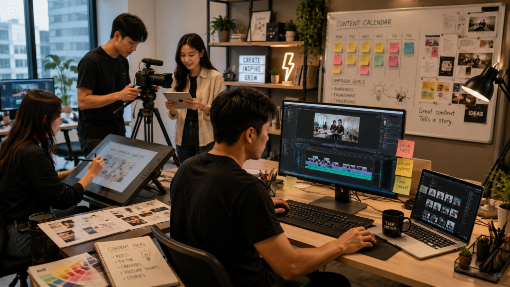 Creative professionals filming content, editing videos and designing marketing assets in a Singapore creative agency.