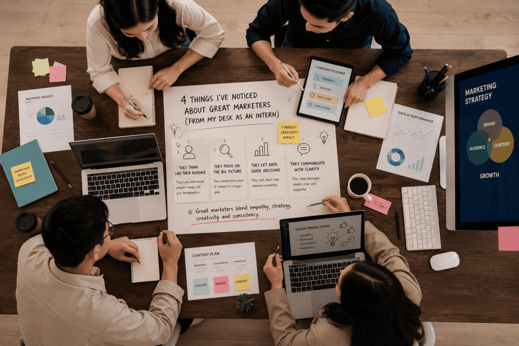 Marketing professionals collaborating during a strategy session at a digital marketing agency in Singapore.