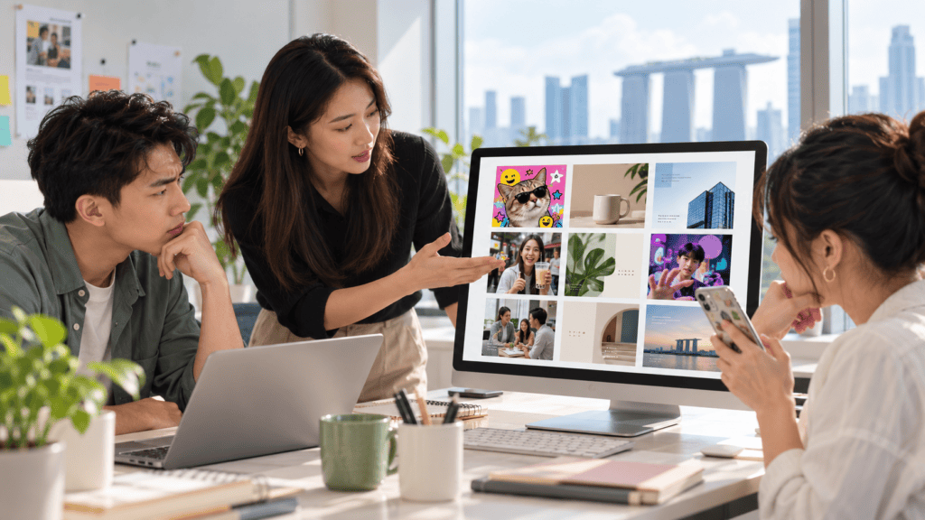 Marketing team reviewing inconsistent brand content while chasing social media trends