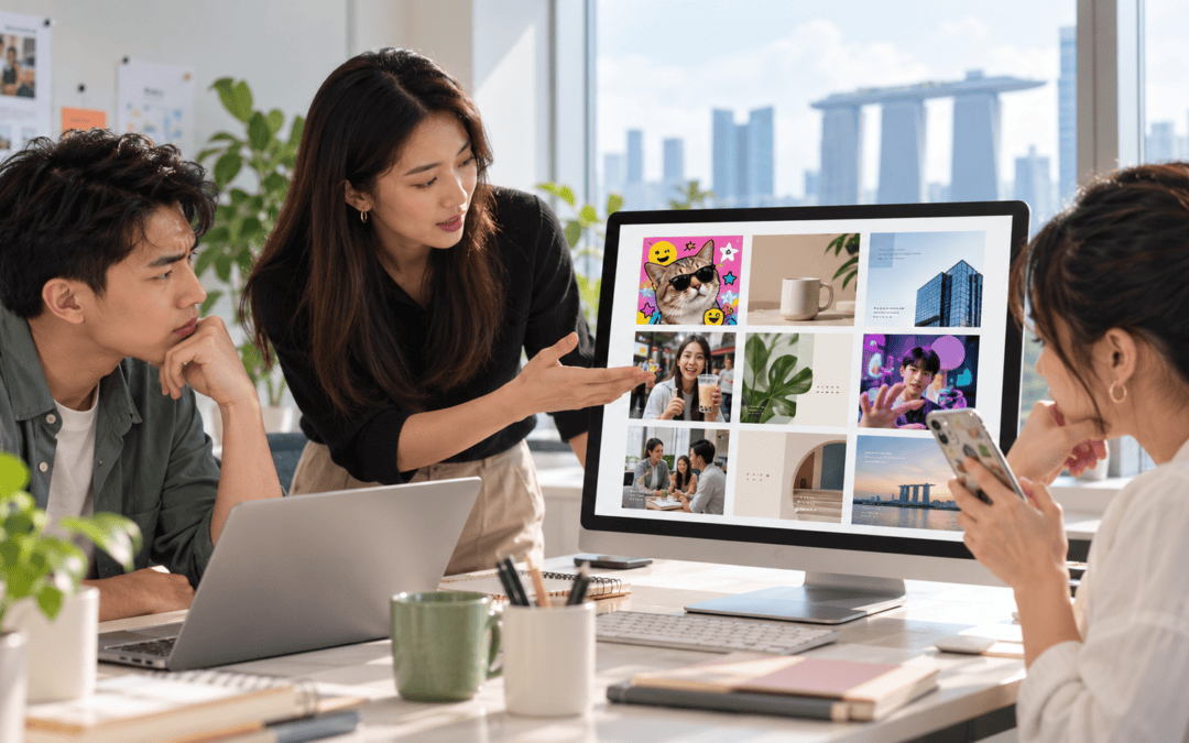 Marketing team reviewing inconsistent brand content while chasing social media trends