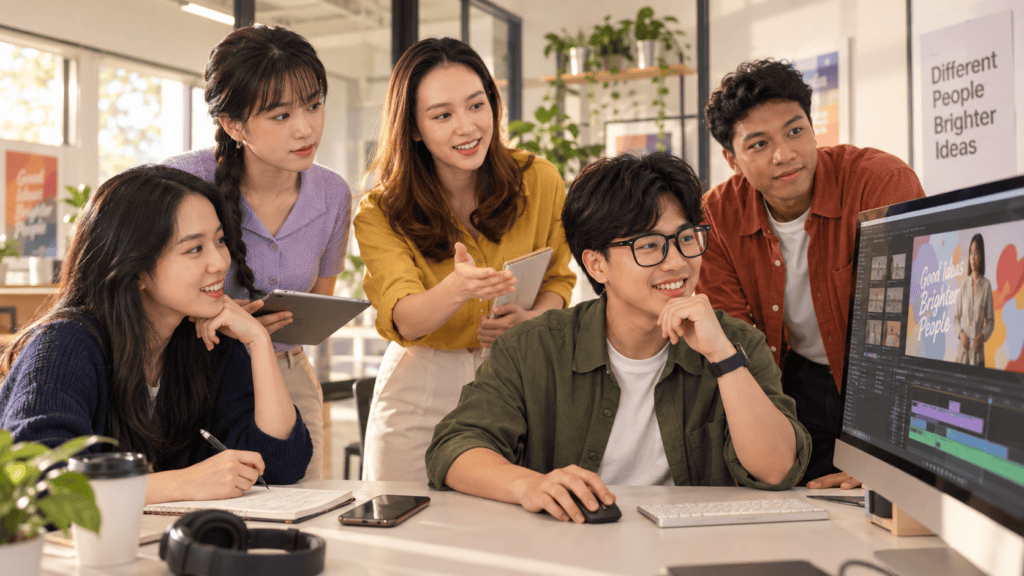 Singapore creative agency team collaborating on a campaign near a deadline