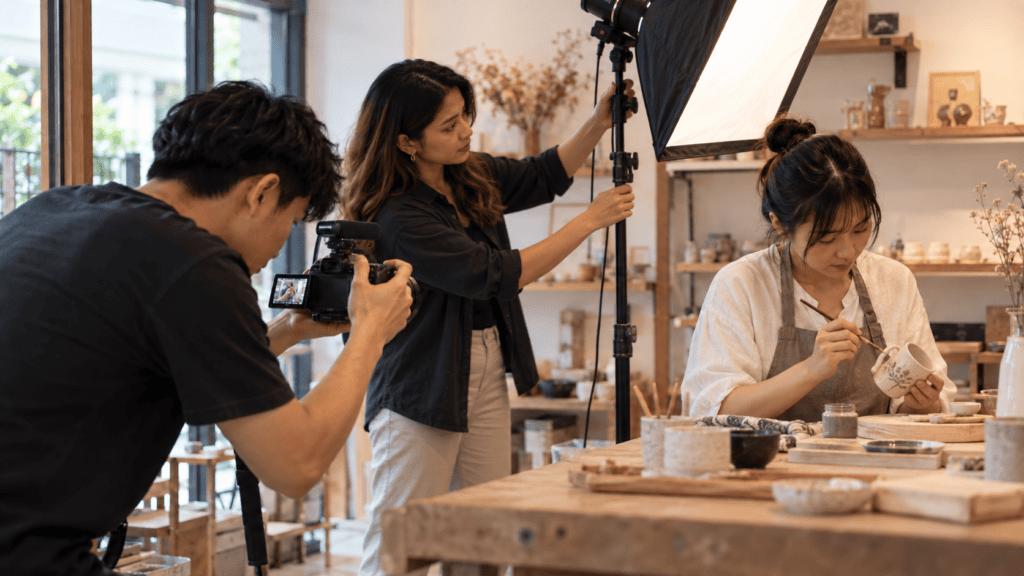 Singapore content team using AI-assisted planning while filming a real business story