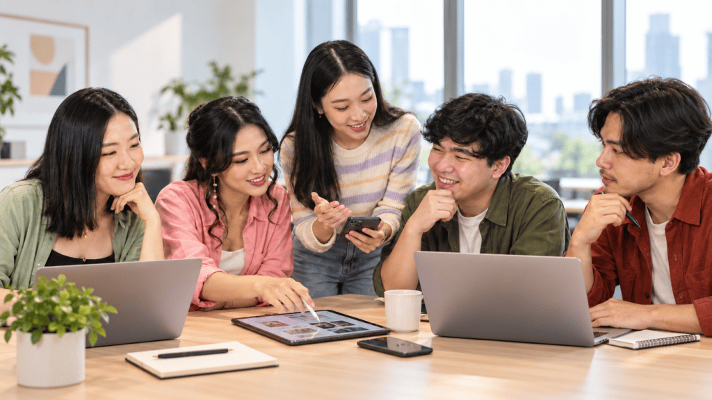 Singapore marketing agency team collaborating in a creative office