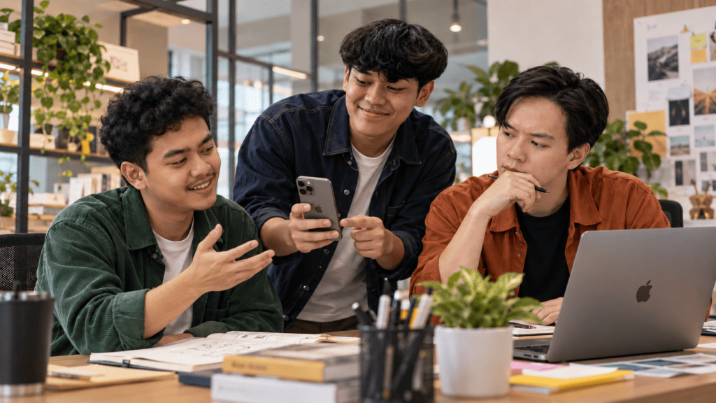 Singapore marketing team discussing a social media trend during content planning