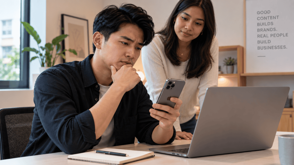 Marketing professional comparing social media engagement with sales results