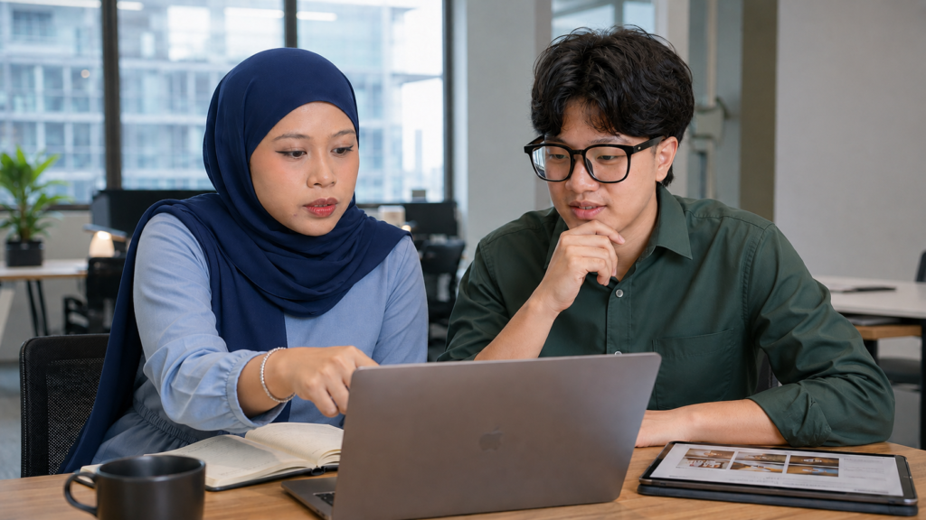TMR Media team members reviewing a social media content concept together