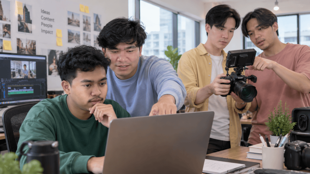 TMR Media editor reviewing social media video footage during post-production