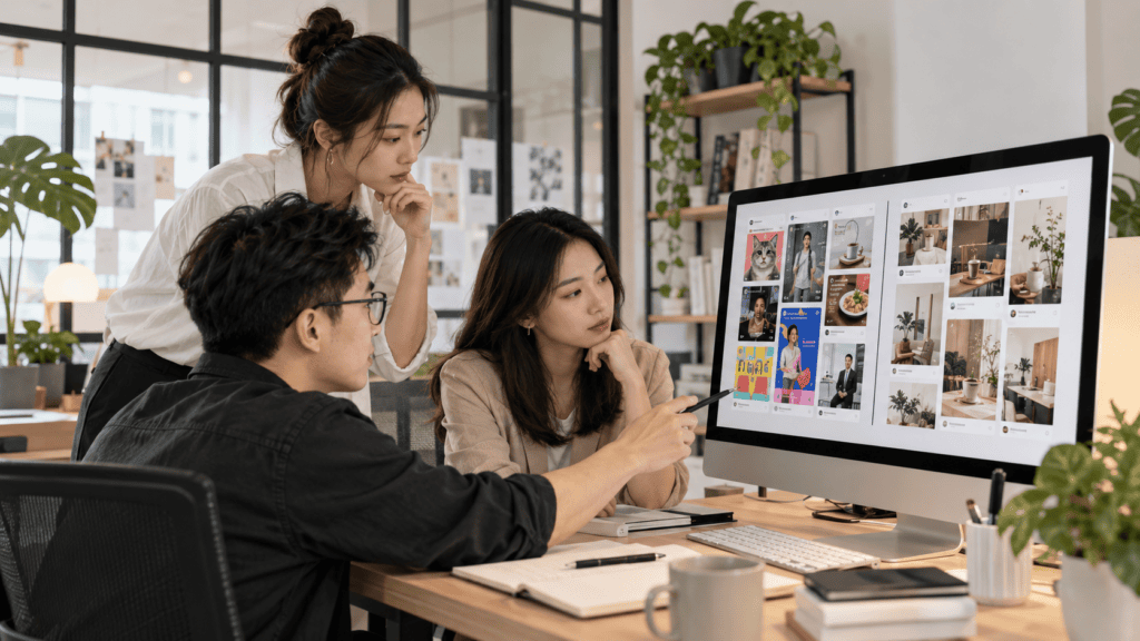 Marketing team comparing trend-driven content with a consistent social media brand identity